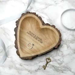 Engraved Couples Names Rustic Carved Wooden Heart Dish